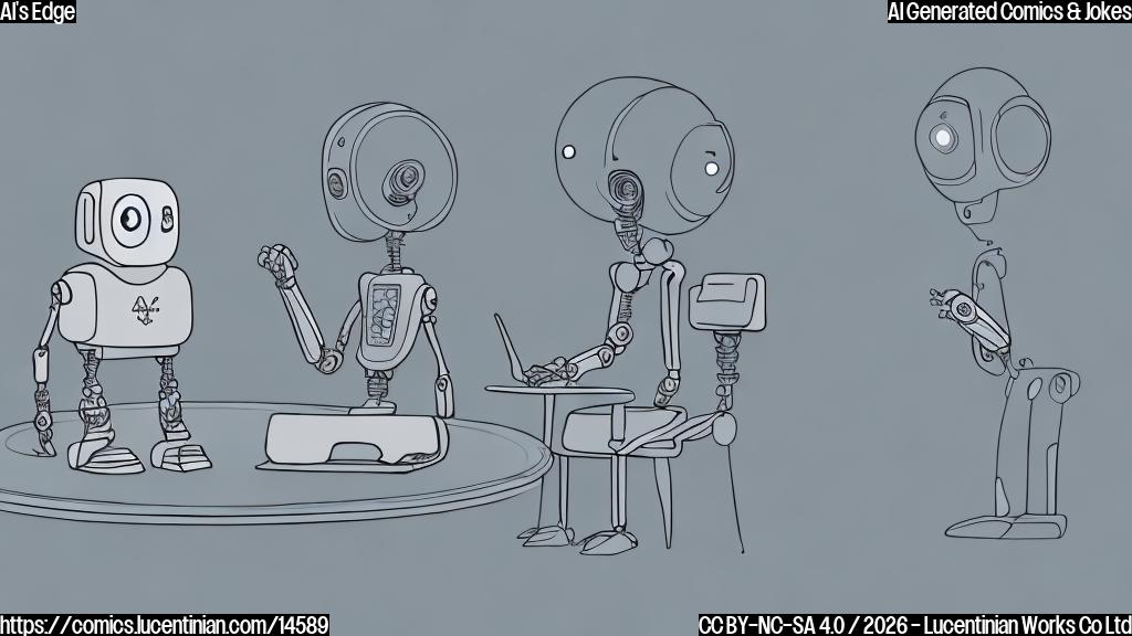 A cartoon of a robot with a therapist in a circle, both looking sad. The robot has a faint coding symbol on its screen and a puzzled expression. The therapist has a notebook and pen, indicating they are trying to help the robot work through its issues.