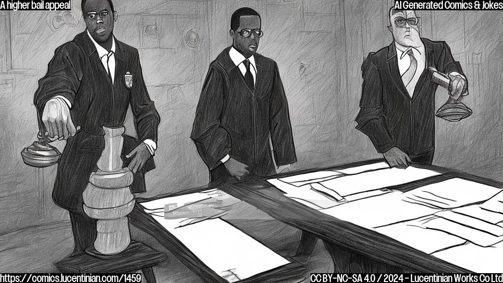 Draw a plain color cartoon style picture of a person (Sean 'Diddy' Combs) standing in front of a ladder, with a judge's gavel and papers scattered around them. The background should be a courtroom setting with a judge's bench at the back. Sean "Diddy" Combs should have a determined look on his face as he climbs the ladder.