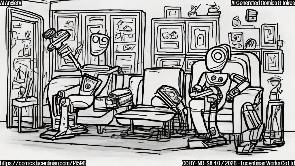 Draw a plain color cartoon style picture of a robot sitting on a therapist's couch, looking worried and holding a thought bubble with a confused expression.