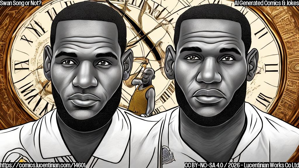 Draw a cartoon of an older man (LeBron) with a youthful energy and a hint of wrinkles. He is standing in front of a clock with a clock hand pointing towards the past. In the background, there's a faint image of Michael Jordan with gray hair, symbolizing Father Time. The trainer should be depicted as a wise old man with a knowing smile.