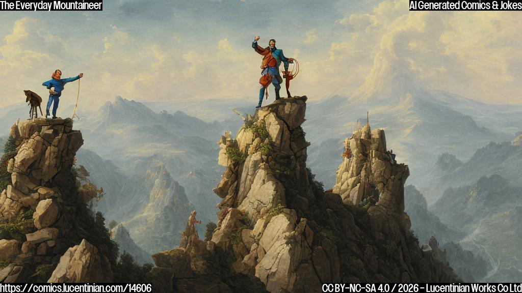 A plain color cartoon style drawing of an average-looking person, looking a bit tired but triumphant, standing at the summit of a mountain that is clearly constructed from a stack of household stairs and steps. The background is a simple, solid color.