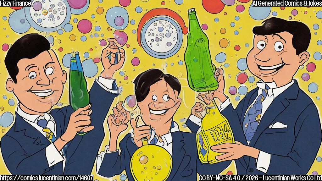 Plain color cartoon style. A vibrant office scene. Two jubilant business figures. One character, a smiling person with short dark hair in a crisp suit, is enthusiastically holding aloft a large, generic, clear bottle of dark brown fizzy soda, clearly bubbling and overflowing slightly with energy. The bottle has a simple, bright yellow label. Next to them, another character, a person with shoulder-length light brown hair in a smart casual top, holds a slightly deflated, generic, plain beige bag of potato chips, with a subtle frown, implying it's not as exciting. The background features simple upward-trending bar graphs and a subtle "money bag" icon.