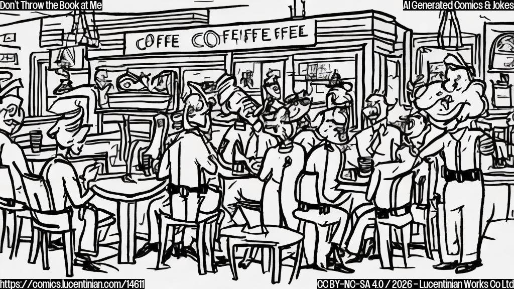 Draw a plain color cartoon style picture of a group of 12 agents from law enforcement holding coffee cups and chatting with a man in a hotel lobby