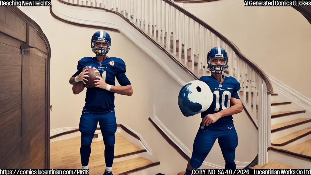 A football player wearing a helmet and holding a football, standing in front of a staircase with steps leading up to a party hat. The party hat has a big "10" on it, representing a perfect score.