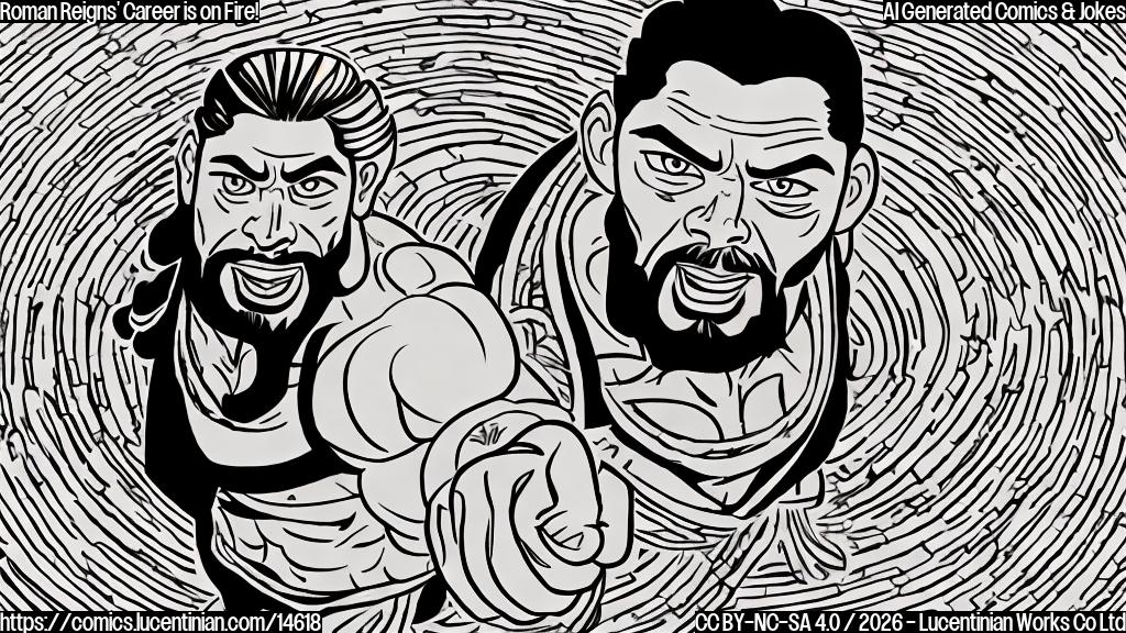 Draw a cartoon style picture of a wrestler standing in the center of the ring, holding a ladder with one hand and flexing with the other. The background should be a bright, bold color such as blue or red. Incorporate Roman Reigns' signature raised eyebrow and a hint of a smile on his face.