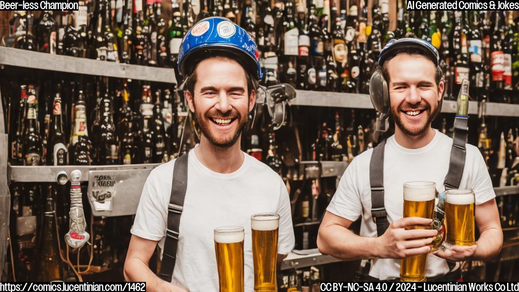 a smiling person with a racing helmet holding a ladder and standing in front of a table with empty beer bottles