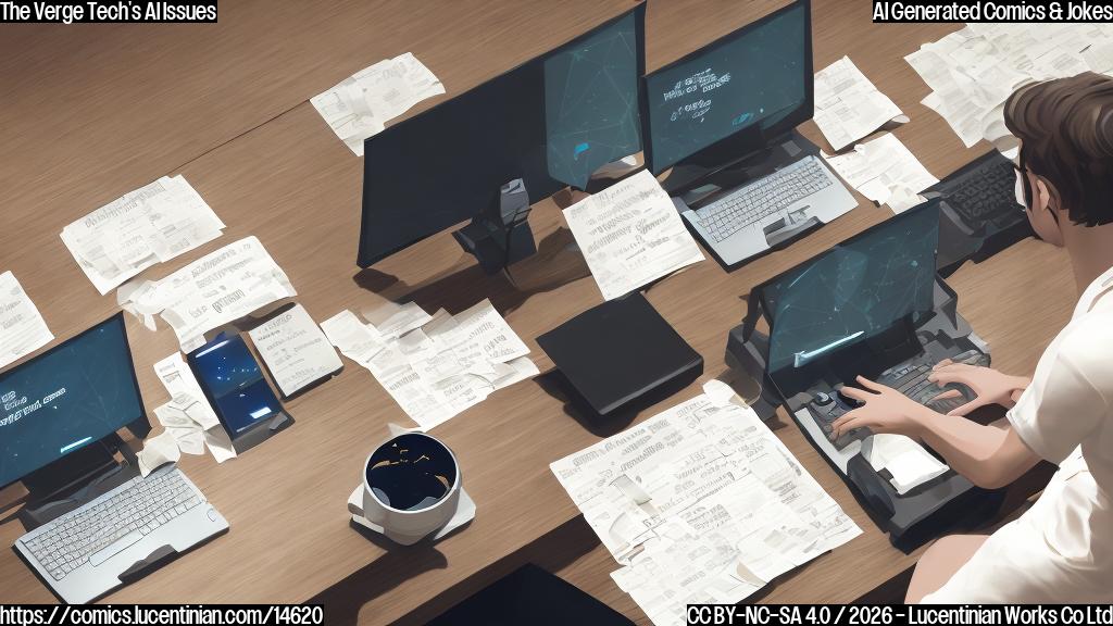 A person sitting in front of a computer with a concerned expression, surrounded by empty coffee cups and scattered notes. The computer screen displays a menu with several options, including "Disabling AI Features" and a chatbot interface in the bottom corner.