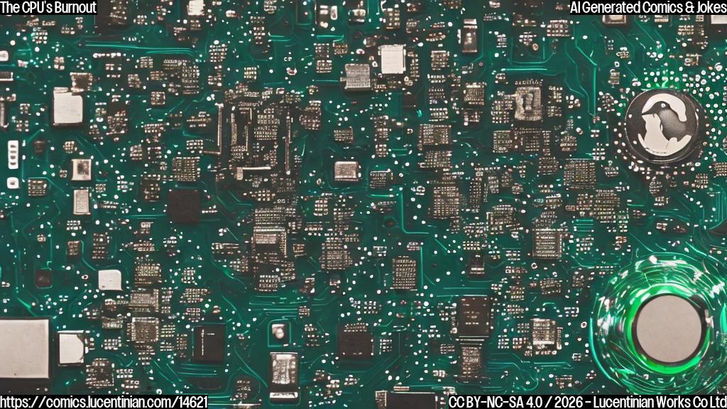 A laptop CPU with a confident and energetic expression, wearing a miniature backpack full of tiny circuit boards. The CPU is surrounded by flames that represent the high temperatures it reaches during intense performance. In the background, there's a subtle image of a laptop battery with a green checkmark, indicating efficient power management.