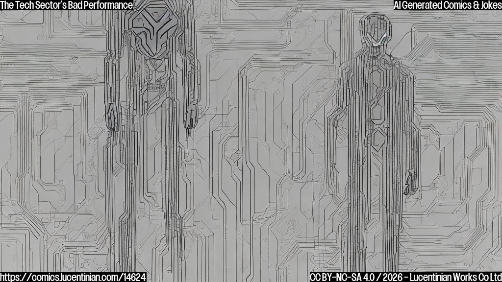 A plain color cartoon style drawing. A tall, modern humanoid character, clearly representing the 'Tech Sector', is depicted. It wears a sleek, futuristic outfit with subtle circuit board patterns. The character is slumped over, looking very sad and dejected, with one knee on the ground as if having just stumbled or fallen. Around it are abstract, plain red downward arrows and a flat, grey background. No specific logos, brand names, or text are visible.