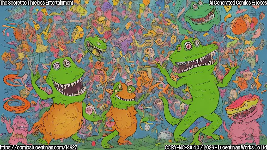 A plain color cartoon style image depicting a cheerful, slightly chaotic backstage scene. In the center, a central, green amphibian-like puppet character is shrugging happily next to an old-fashioned, large studio camera on a tripod. Around them, other diverse fluffy, fabric-covered puppet characters are smiling and gesturing with contentment. One tall, shaggy monster puppet, reddish-brown in color, is proudly holding up a vintage, rotary telephone. A human-presenting puppet with bright yellow hair is pointing to a dusty, old reel-to-reel tape machine. The background is a solid, warm color, emphasizing their unchanging, classic nature.