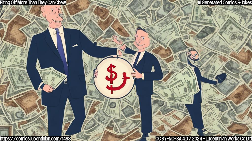 A cartoon of a person holding a ladder, standing in front of a giant dollar sign with a big bite taken out of it, surrounded by chaotic financial documents and money bags.