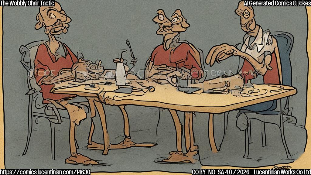 Plain color cartoon style. A simple scene with two stylized, generic human-like figures sitting opposite each other at a rectangular negotiation table. One figure is seated normally, appearing composed and slightly mischievous. The other figure is attempting to sit on a chair with visibly uneven and wobbly legs, causing them to lean precariously to one side, looking surprised and unstable. The background is a solid, light color. Clean lines and flat, distinct colors, minimal shading.