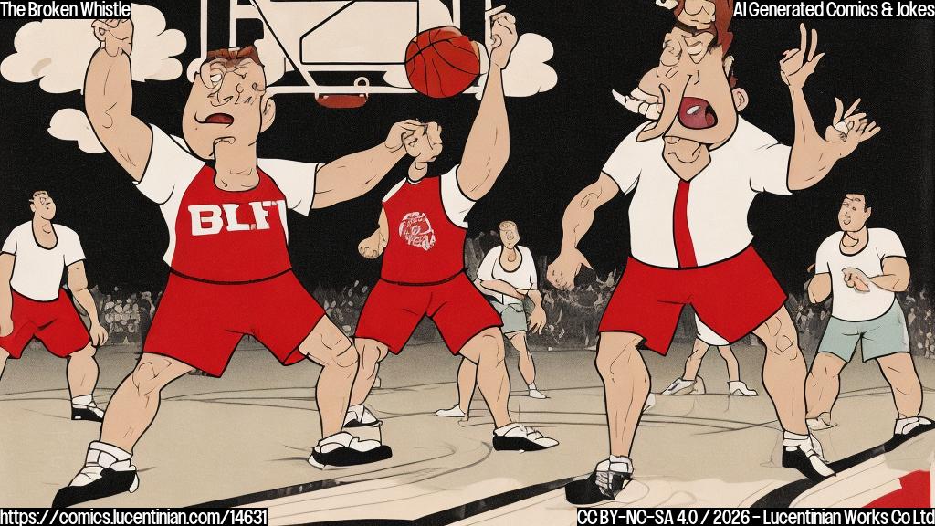 A plain color cartoon style image. A very frustrated, burly male basketball coach with a visibly red face and an open mouth, wearing a simple team polo shirt and dark pants, is throwing his hands up in exasperation on a basketball court. Across from him, a referee, a slender male figure in a classic black and white striped shirt, holds a whistle to his mouth, looking slightly bewildered. The coach's expression is one of extreme annoyance. The court has minimal details, with only a basketball hoop in the background. Use bold, flat colors.