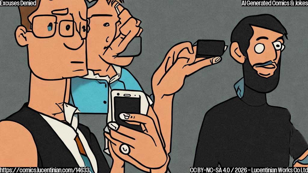 A plain color cartoon style drawing featuring a person with a slightly exasperated expression. They are holding a sleek, modern smartphone. The phone screen clearly displays a prominent, fully charged battery icon. The person's eyes might be darting away, suggesting they are trying to end a conversation. The background is a simple, solid color. The art style is clean, with bold outlines and minimal shading.