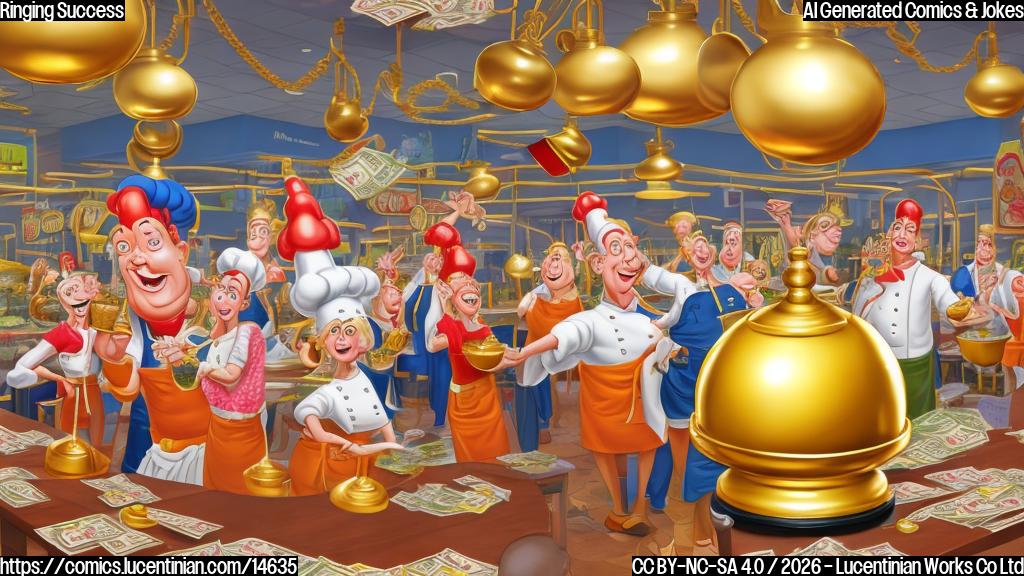 A vibrant cartoon scene inside a bustling fast-food restaurant. A giant golden bell is prominently featured, ringing loudly with musical notes emanating from it. A joyful chef character, with a generic chef's hat, is enthusiastically pulling the bell's rope. The scene is filled with happy, smiling cartoon customer figures and stacks of money on counters, all rendered in a clean, plain color cartoon style. No brand logos or specific character names.