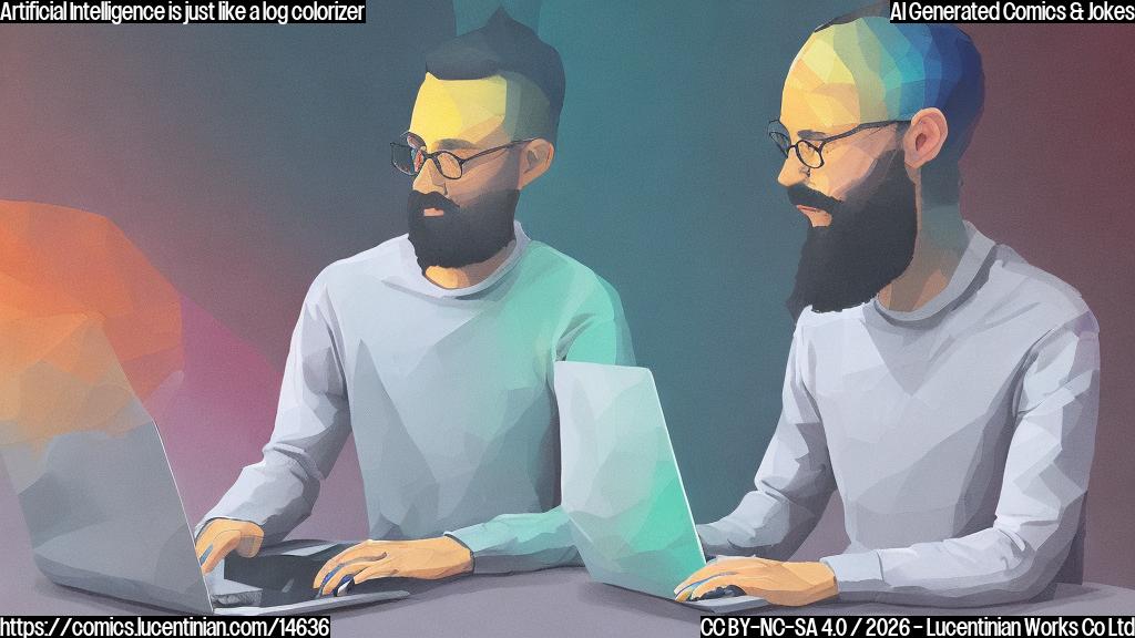 A person sitting at a desk with a laptop, surrounded by various colors and shades of gray. The person has a thoughtful expression on their face, with one hand holding a color wheel and the other hand tapping away at the keyboard. In the background, there's a subtle gradient effect giving off a log-like hue.