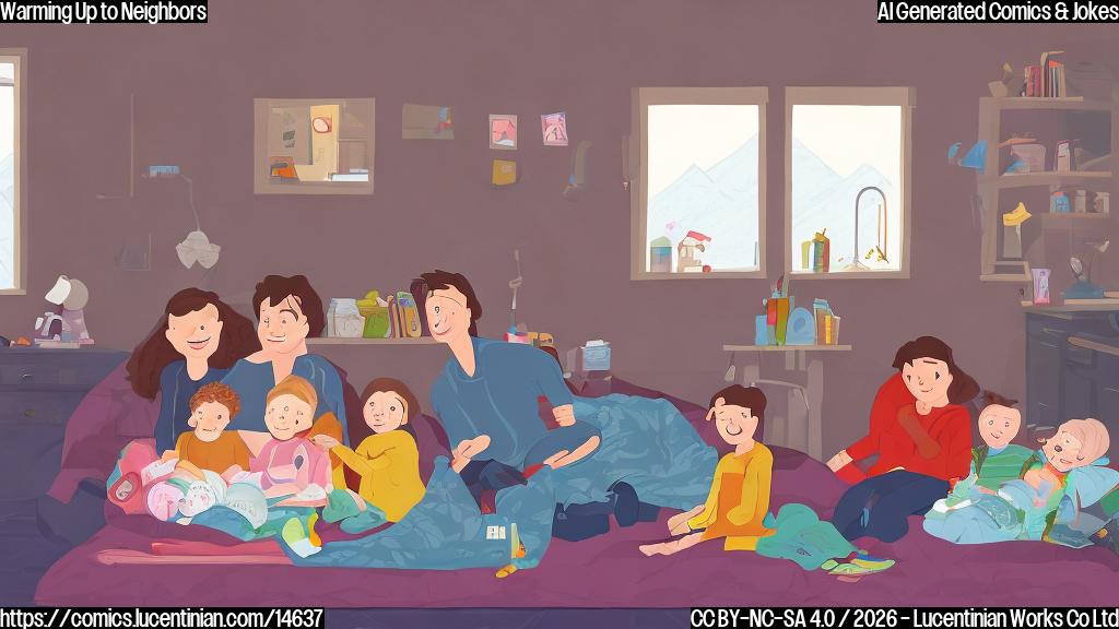 Draw a cartoon of a family sitting on a bed, surrounded by blankets and pillows. The parents are holding a portable heater, while the two children snuggle under a sleeping bag. In the background, there's a dark window with a faint light from outside, suggesting blackouts. A neighbor's house is visible through the window, with a warm glow coming from within.