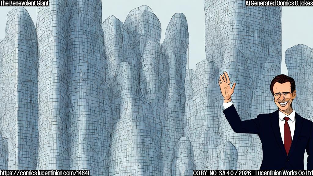 A plain color cartoon style picture. A well-dressed, confident business executive, a man with neatly combed hair and a smart suit, stands front and center with a slightly smug smile. He gestures grandly with one hand. Behind him, two large, abstract corporate buildings are merging into a single, even taller structure, symbolizing his company's expansion. In the distant background, a single, much larger, shadowy and monolithic building represents a powerful rival, depicted with imposing scale and darker colors. The executive's immediate surroundings are bright and positive, contrasting with the rival's background.