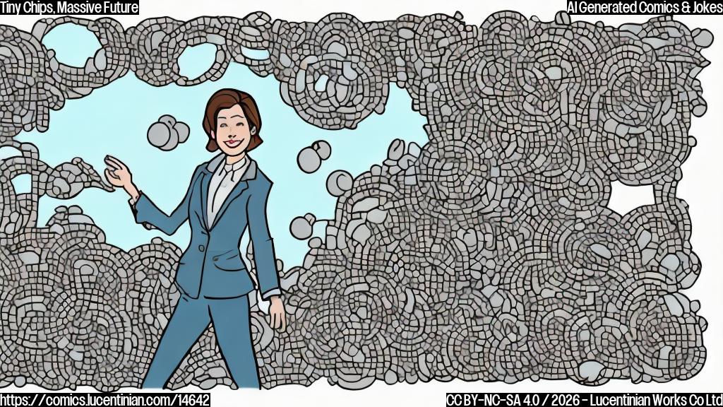 A plain color cartoon style drawing. In the foreground, a smiling female political leader with neatly styled dark hair, wearing a smart business suit, stands gesturing enthusiastically. Her expression is one of triumph and optimism. Floating beside her is a minuscule, intricately designed rectangular computer chip, looking almost invisible due to its extreme smallness. In the background, a simplified factory building with a giant, upward-pointing arrow representing massive economic growth looms large. The overall palette uses clean, bright colors.