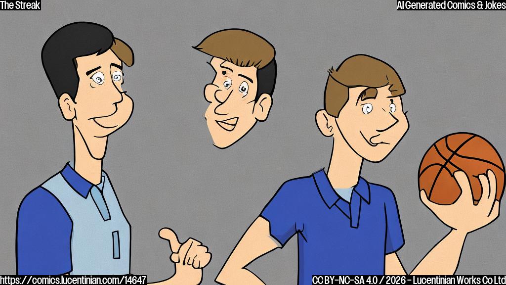 A plain color cartoon style illustration. A tall, slightly weary but trying-to-be-jovial basketball coach, with short dark hair and a simple blue polo shirt, stands in a locker room. He's holding a clipboard and has a small, lighthearted smile despite his tired eyes. Facing him is a younger male basketball player, muscular and wearing a simple red jersey with a minimalist, abstract mountain cat outline logo (no text or detailed features). The player has a confused expression, scratching his head. The background is a plain, light gray locker room wall with a simple bench visible. Soft, plain color shading.