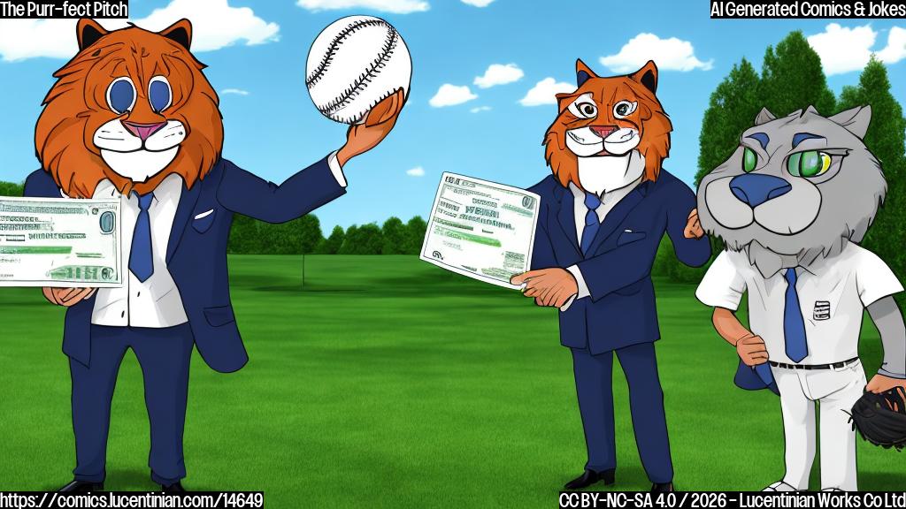 A plain color cartoon. A large, anthropomorphic striped big cat character, dressed in a sharp business suit, is holding up an enormous, comically blank check. Standing next to the big cat is a strong male athlete wearing a plain white baseball uniform, smiling and holding a baseball. The background is a simplified baseball field with green grass and a stadium outline. The scene reflects a valuable agreement.