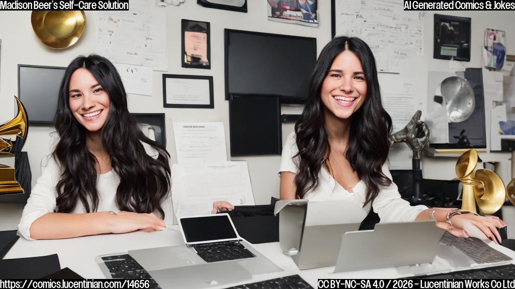 A 26-year-old woman with long, dark hair and a bright smile is sitting in front of a laptop, surrounded by social media screens. She has a thoughtful expression on her face as she types something on the keyboard. In the background, there are various objects that represent success, such as trophies, awards, and a Grammy statuette.