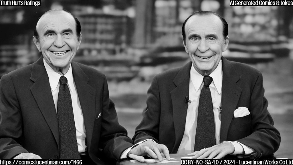 A smooth-talking, 83-year-old game show host with a receding hairline and bushy eyebrows is sitting at a desk with a TV screen behind him. He's wearing a suit with a bright blue tie and a confident smile. His hands are clasped together in front of him, with one finger pointing slightly upwards as if emphasizing a point.