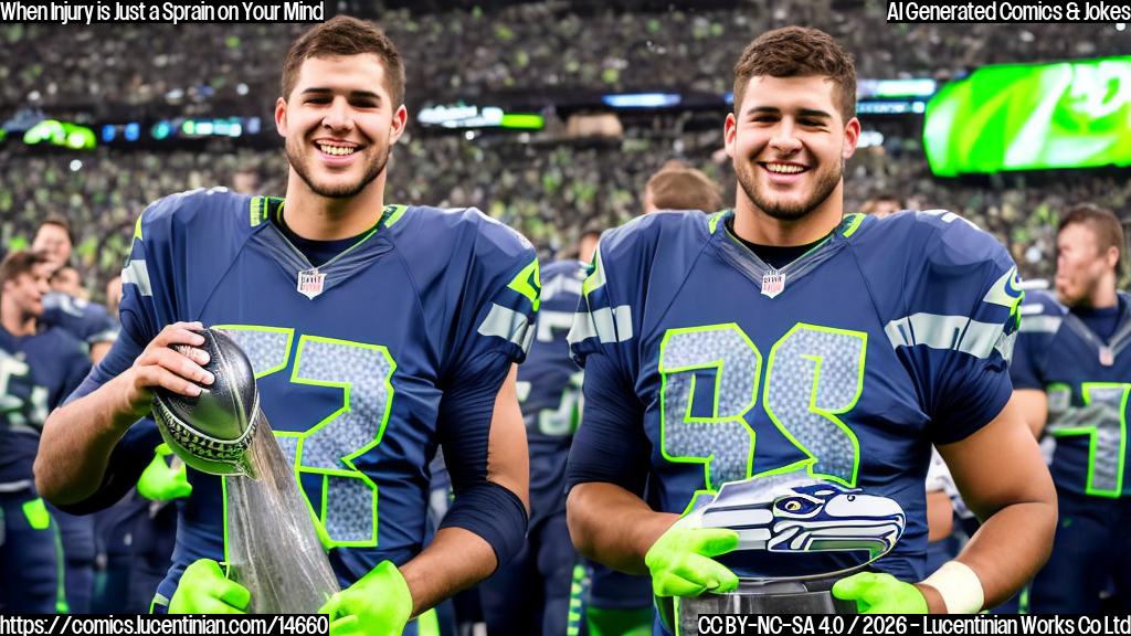 A confident football player with a low ankle sprain wearing a Seahawks jersey and standing in front of a Super Bowl trophy, with a calm expression on his face.