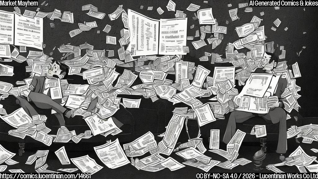 A cartoon-style image of a person sitting on a couch, surrounded by fallen stock certificates and looking dejected, with a few sad-looking stocks floating above their head. The background should be a dark blue or gray color to represent a market downturn.