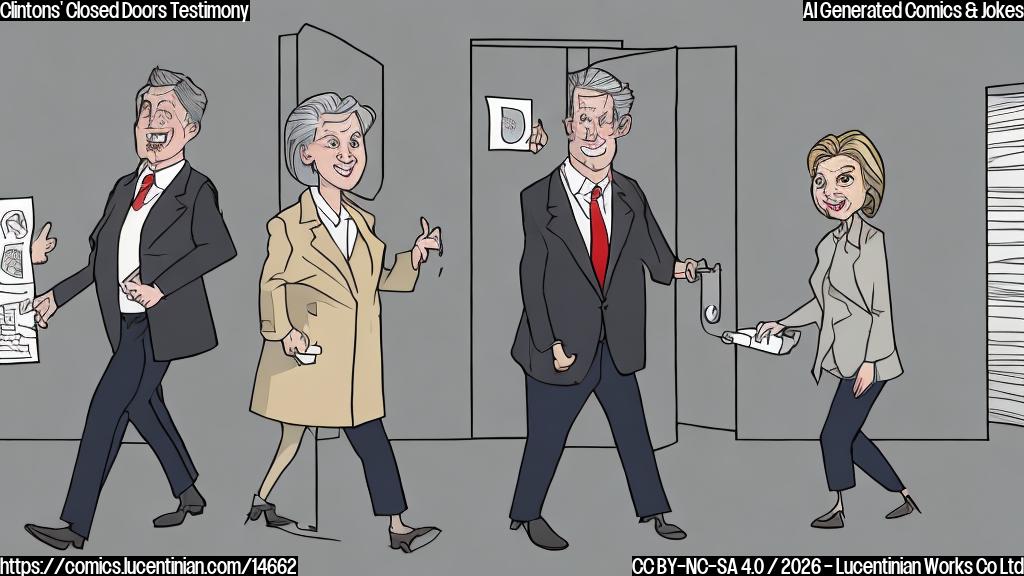 Draw a cartoon style image of two people (representing Bill and Hillary Clinton) standing in front of a closed door with a magnifying glass and a folder labeled "Investigation" nearby, while another person (representing Comer) is seen walking away from them with a stubborn expression. The background should be a simple, neutral color like light gray or beige.