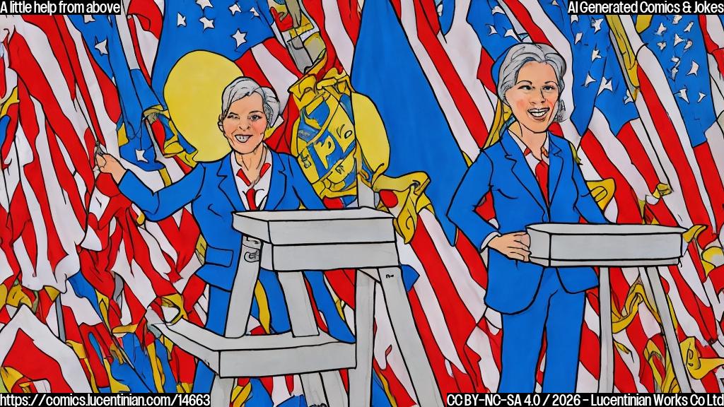 Draw a cartoon of an adult democratic candidate standing on a ladder, with a confident expression and a podium in the background, surrounded by party symbols and flags.