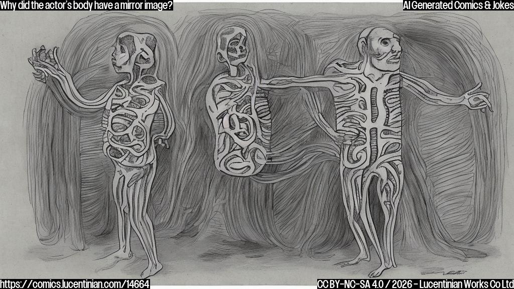 A cartoon of a person with their internal organs mirrored, wearing a costume that is too small and struggling to move around, with a confused expression.