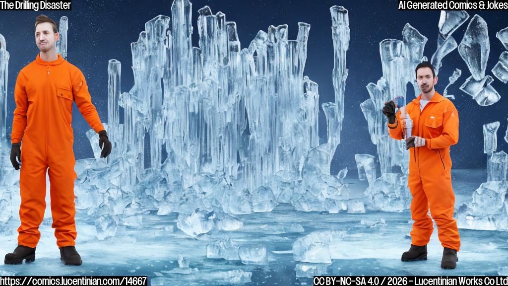 Illustrate a cartoon-style picture of a person in a bright orange jumpsuit, with a determined expression, standing at the edge of a massive ice sheet. The ice is cracked and broken, with some fragments floating away. In the background, there's a giant drill bit stuck in the ice, surrounded by tangled wires and equipment. The person is holding a sign that reads "Frozen out!"