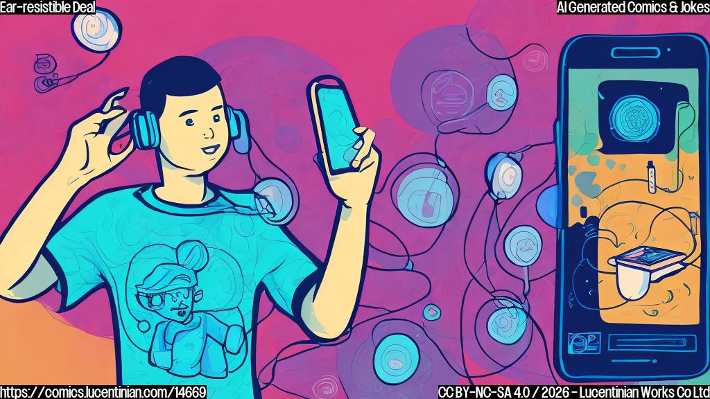 Illustration of a cartoon person holding two smartphone with a chat bubble coming out of one earbud, talking to another earbud as if it's a listener, with a cityscape or tech background in the background. The earbuds should be colorful and fun, with bold lines and simple shapes.