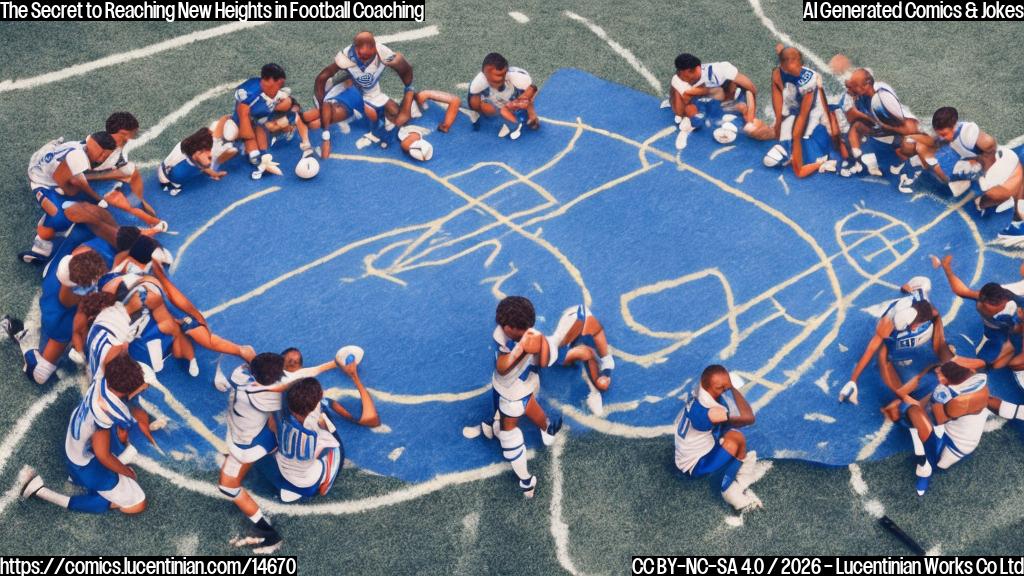 A blue marker-scribbled phrase on a giant greaseboard with a football team gathered around it, conveying a sense of camaraderie and teamwork among players and coaches.