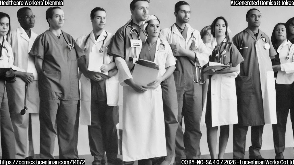 A group of healthcare workers with stethoscopes and concerned expressions are shown standing together, looking uncomfortable, against a grayish background with faint images of medical equipment and immigration-related documents blurred in the distance.