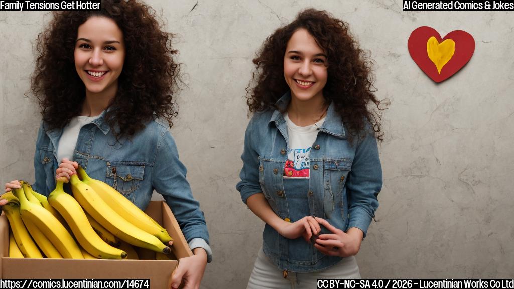 A young woman with curly brown hair and a warm smile is standing in front of a door, holding a large box with a banana and a heart drawn on it. The background is a blurred kitchen with a sink and stove, conveying a sense of warmth and comfort. The style should be reminiscent of classic cartoons.