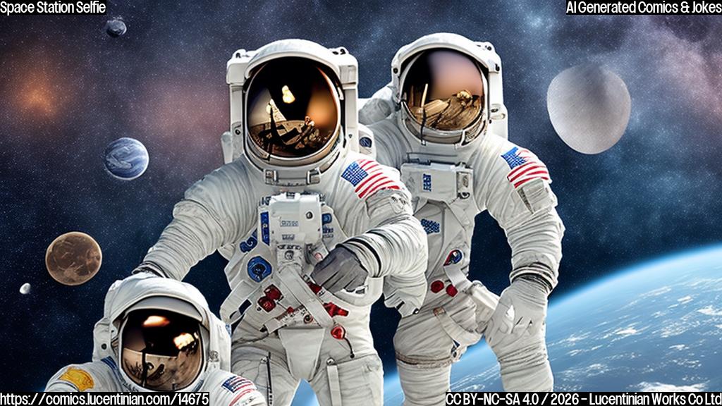 A person holding a smartphone in space, with a planet or moon in the background and a few stars shining through the window, surrounded by astronauts wearing space suits.