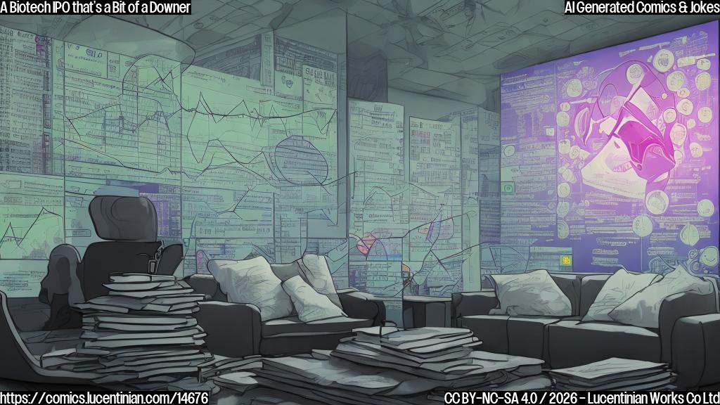 A cartoon style picture of a sad-looking stock ticker with a therapist's couch in the background, surrounded by charts and graphs representing Eikon Therapeutics' valuation fluctuating wildly.