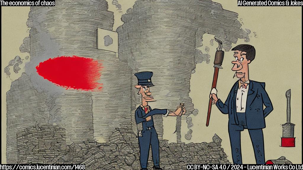 Draw a plain color cartoon style picture of an economist holding a hammer, standing in front of a factory with smoke coming out of the chimney, while a " warning" sign hangs on the wall with a red X marked through it.