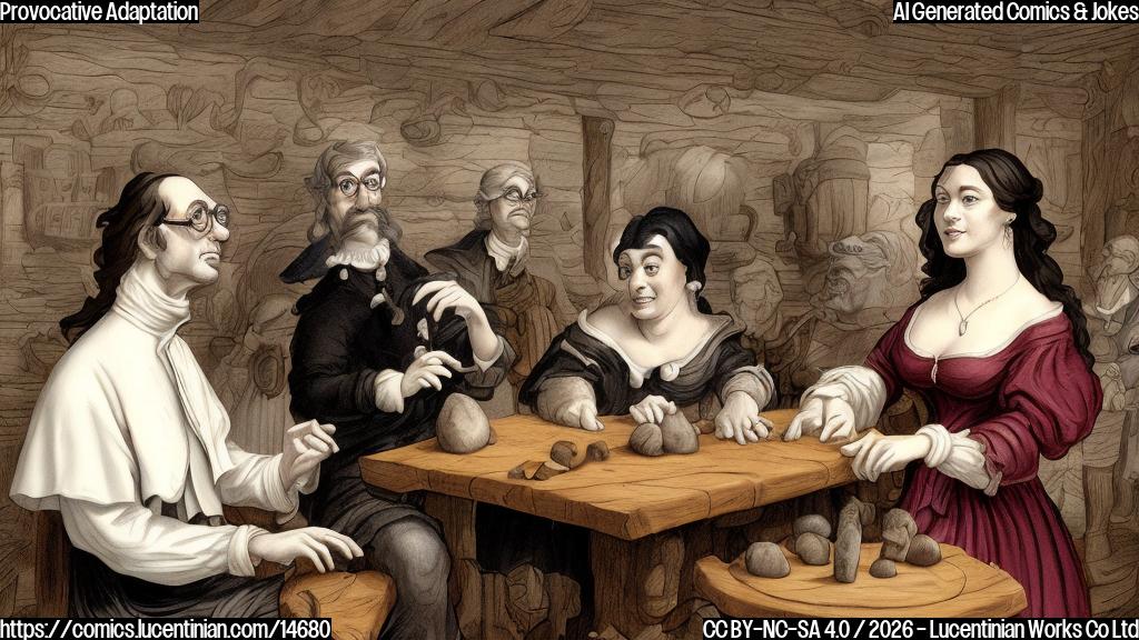 Plain color cartoon style. A woman with flowing dark hair and a historical-style dress with a tight bodice is suggestively kneading dough on a rustic wooden table, her face flushed with effort. She is looking intently at the dough. On the side, a man with spectacles and a frown is looking at her with an expression of strong disapproval, perhaps holding a crumpled paper. The background is a simple, muted color.
