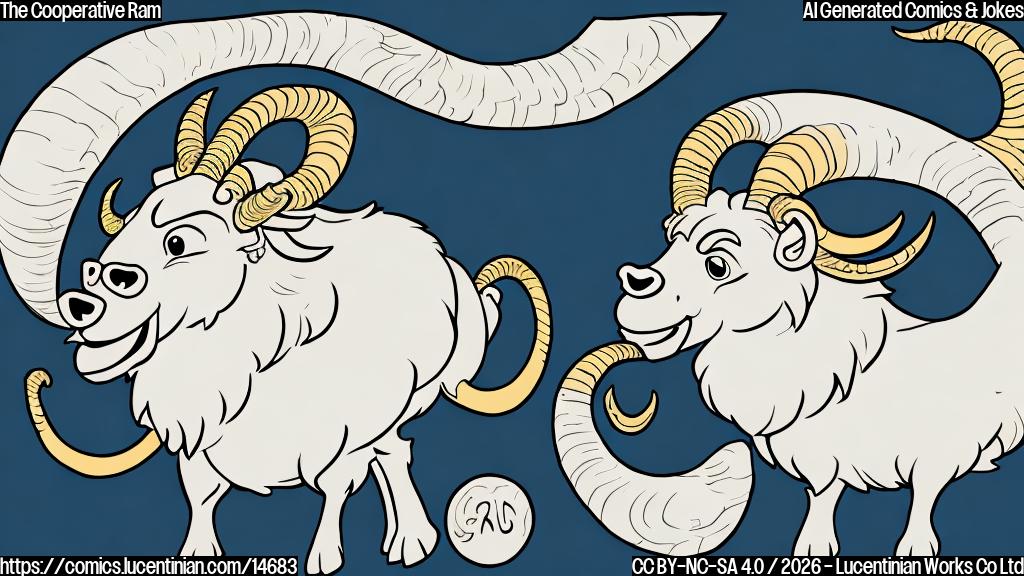 A plain color cartoon style image. A friendly, smiling cartoon ram character with large, curved horns stands upright, extending one hand in an open, welcoming gesture. Above and slightly behind the ram, a simple, solid white full moon icon is visible. The scene has a minimalist background.