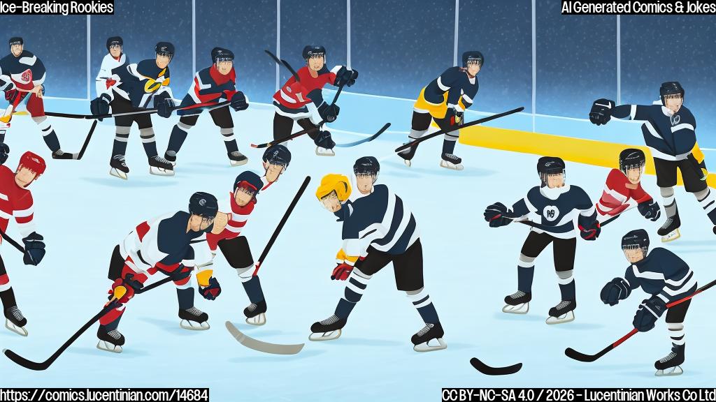 A plain color cartoon style illustration of an ice hockey game. Several young, energetic players, wearing uniforms with black and white bird-like markings, are aggressively skating towards the opponent's goal. One player is leading the charge with a hockey stick raised, a puck in front of them, eyes determined and a dynamic pose. The ice rink is visible with simple lines. There is a simple background with a goal net and indistinct, muted stands.