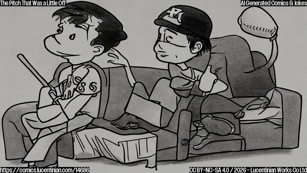 Draw a plain color cartoon style picture of a young baseball player sitting on a therapist's couch, looking confused and holding a baseball bat with a thought bubble above it.