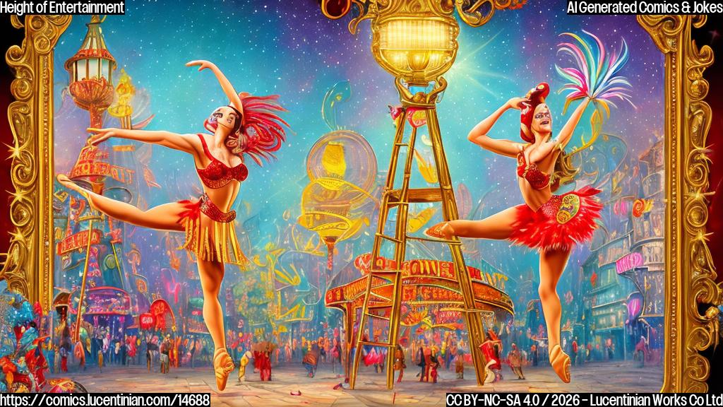Draw a cartoon style picture of a dancer standing on top of a ladder, with a spotlight shining down on them, surrounded by a colorful and lively Moulin Rouge-inspired background. The dancer should be dressed in a elaborate costume with feathers, sequins, and other decorations characteristic of the musical. The ladder should be decorated with red and green lights, adding to the festive atmosphere.
