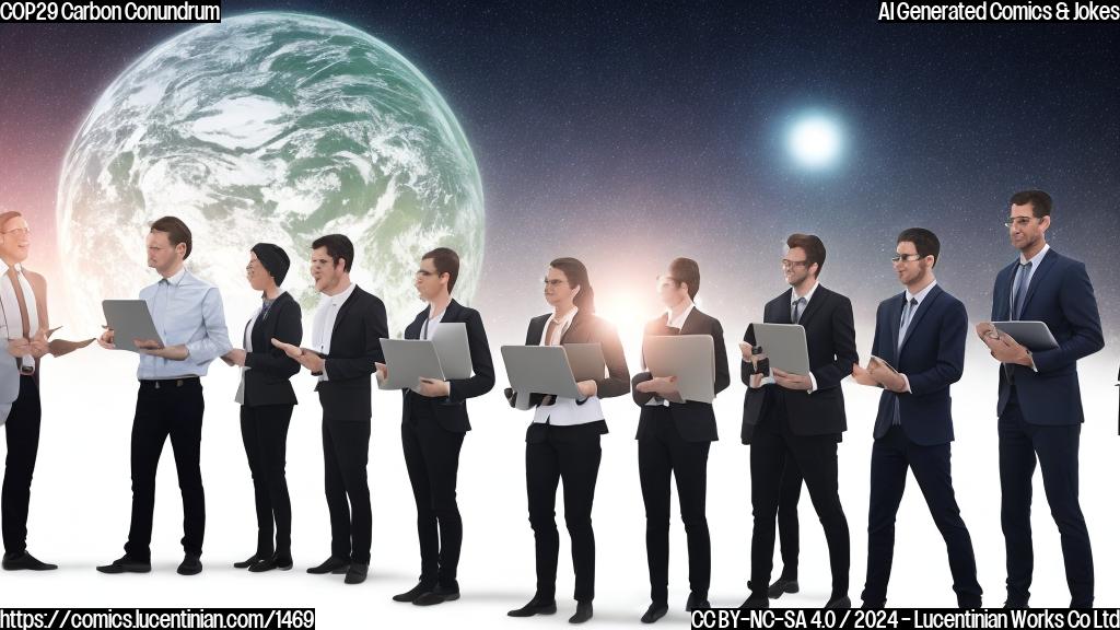 A group of 10-15 humans and a few graphs, with some light pollution in the background, standing around a large carbon footprint symbol. The humans are all wearing business attire and holding laptops or notes.