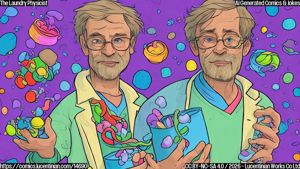 A plain color cartoon style picture. A middle-aged person, appearing a bit disheveled with rumpled clothing that resembles a lab coat, stands in front of a tall, overflowing basket of brightly colored, plain socks and other garments. Their hair is slightly tousled, and they wear a very focused, almost intense expression. One sock is depicted humorously floating slightly above the pile, as if defying gravity and showing unpredictable movement. The person is holding a small notepad and a tiny pencil, intently observing the chaotic laundry pile as if performing a complex scientific observation or calculation. The background is simple, suggesting a household laundry area.