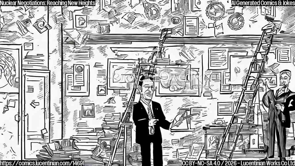 Draw a cartoon of a serious-looking person with a briefcase standing on a ladder in front of a diplomatic table, surrounded by documents and nuclear symbols.
