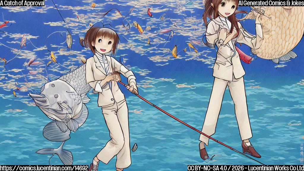 Draw a simple cartoon of a smiling Sanae Takaichi holding a fishing rod with a large fish on the end, wearing a Japanese suit and standing in front of a Tokyo cityscape. The background should have a subtle gradient of blue and white to represent calm waters.