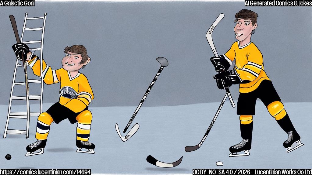 Draw a plain color cartoon style picture of a hockey player standing on top of a ladder, holding a hockey stick with a determined expression, while wearing a white jersey and skating gloves.